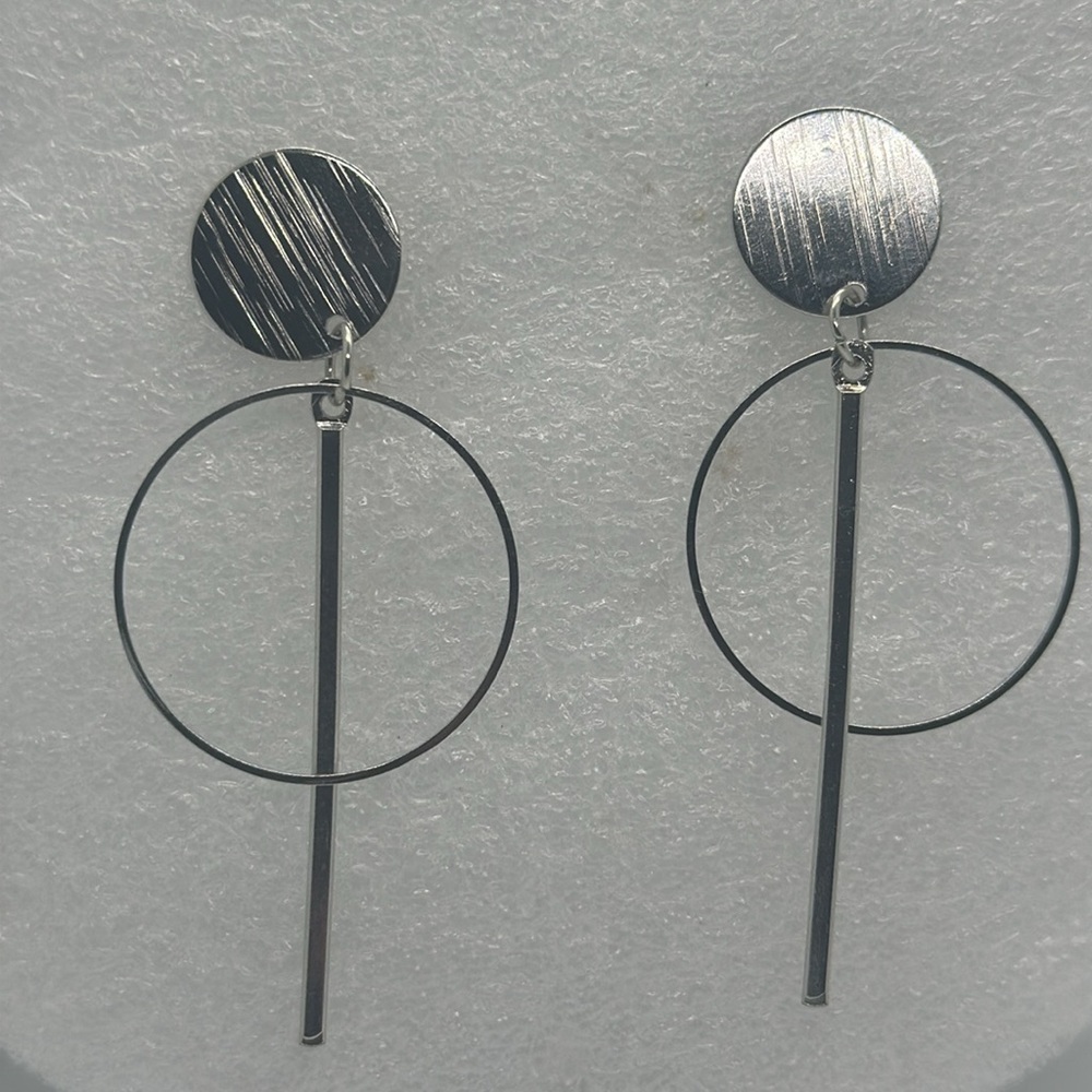 New! Modern Geometric Silver Dangle Earrings - Circle Bar Statement Jewelry — image 6 of 8